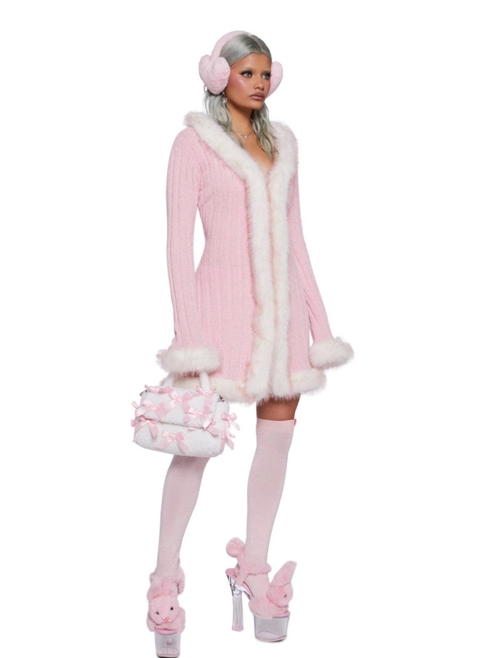 Sugar Thrillz Furry Pink Knit Cardigan with White Faux-Fur Trim - Picture 2 of 3